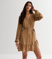 New Look Camel Long Sleeve Belted Tiered Mini Smock Dress